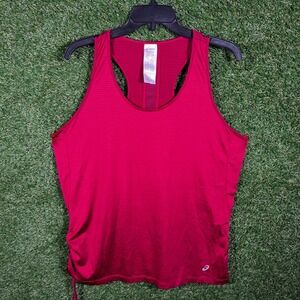 Asics Womens XL Red Striped Racerback Athletic Tank Top Mesh Back Side Cinch